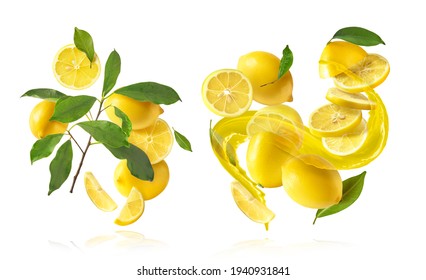 A creative set with Fresh raw whole and cut lemons with green leaves falling in the air isolated on white background. Food levitation or zero gravity conception. High resolution image - Shutterstock ID 1940931841