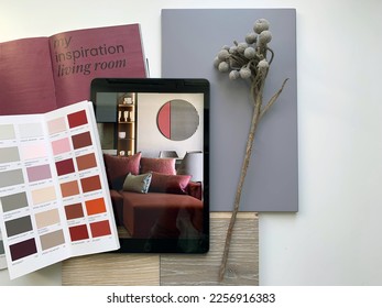 Creative set tablet  color palette  material sample table top background for architects  interior designers