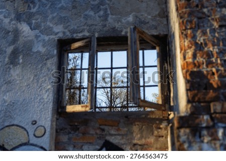 A creative shot from inside a derelict structure looking out through a weathered wooden window frame. Sunlight hits the red brick wall and peeling plaster. Outside, green trees and blue sky represent hope and nature's resilience.