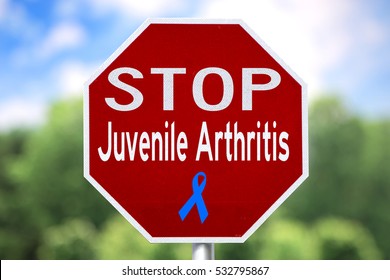 Creative Sign - Stop Juvenile Arthritis And Blue Ribbon For Awareness
