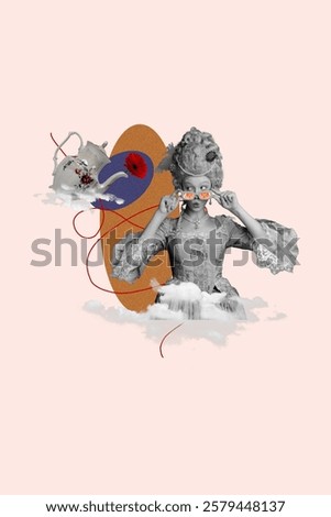 Creative sketch design artwork collage of rococo elegance powdered wig aristocracy young woman hold sunglass tea pot rest pause relax cafe