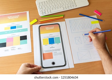 Creative Sketch Planning Application Process Development Prototype Wireframe For Web Mobile Phone. Graphic Designer Creating Landing Page For New Website.