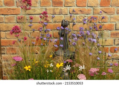 Creative Small Garden Planting Ideas Of Wildflowers Seen Against A Brick Wall.