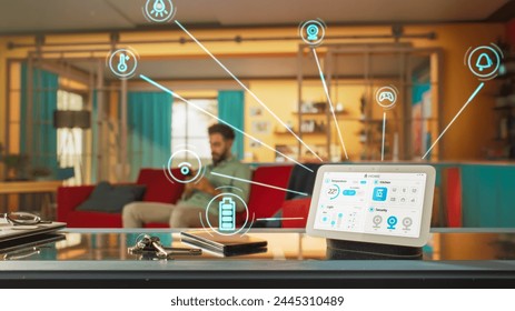 Creative Smart Home Device with Light Theme Infographics Shown on Display with Concept Icons. Person using Smartphone to Control His stylish House. IOT Connected Wireless Intelligent System. - Powered by Shutterstock