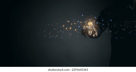 Creative solution or idea landing page template for an ad agency with light bulbs, abstract geometric shapes, colorful bulbs, and twinkling lights coming out of the screen. - Shutterstock ID 2295645365