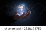 Creative solution or idea for web banner design or landing page template for creative agency with hands coming out of the screen with light bulbs and colorful abstract geometric shapes and lead lines.