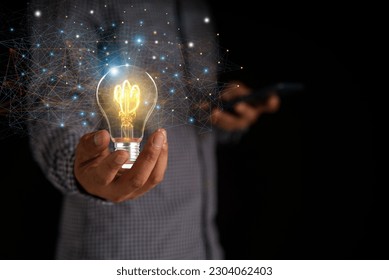 Creative solution or idea for web banner design or landing page template for creative agency with hands coming out of the screen with light bulbs and colorful abstract geometric shapes and lead lines.