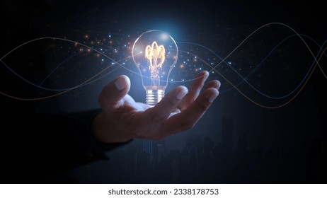 Creative solution or idea for web banner design or landing page template for creative agency with hands coming out of the screen with light bulbs and colorful abstract geometric shapes and lead lines.