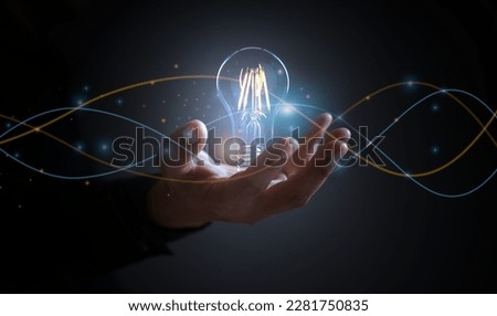 Creative solution or idea for web banner design or landing page template for creative agency with hands coming out of the screen with light bulbs and colorful abstract geometric shapes and lead lines.