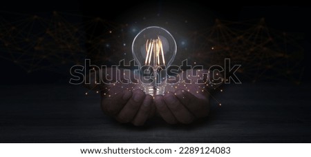Creative solution or idea for web banner design or landing page template for creative agency with hands coming out of the screen with light bulbs and colorful abstract geometric shapes and lead lines.