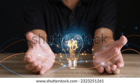 Creative solution or idea for web banner design or landing page template for creative agency with hands coming out of the screen with light bulbs and colorful abstract geometric shapes and lead lines.