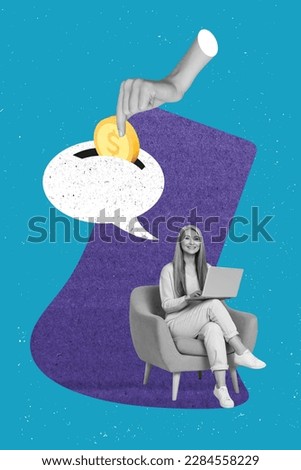 Creative speech artwork collage experienced economist woman sit armchair speech collect more money coins isolated on drawn blue background