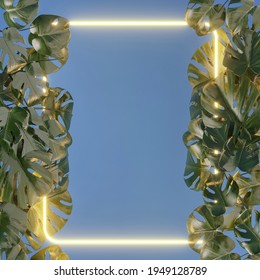 Creative Spring- Summer gold neon frame with fresh plant leaves. Flat lay cyberpunk copy space on pastel blue background. - Powered by Shutterstock