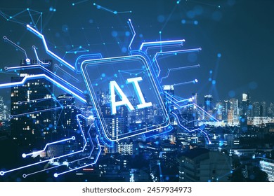 Creative square circuit button hologram with AI icon on blurry night city backdrop. Technology and artificial intelligence, machine learning concept. Double exposure