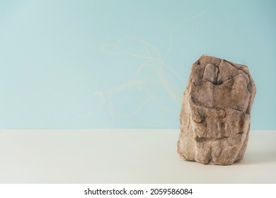 Creative Stone Podium For Cosmetics Or Products With Dreid Plant On Pink Background. Marketing Scene Mockup. Front View, Copy Space