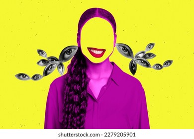 Creative strange retro template collage scary lady ghost and no face having only beaming teeth eyeballs