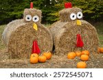 Creative straw bale sculptures shaped like chickens with orange pumpkins scattered around, set against a vibrant autumn background. Fall harvest, rural art, and seasonal decorations