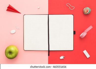 Creative Student Desk With Scrapbook. Back To School Concept. Office Workspace. Top View With Copy Space.