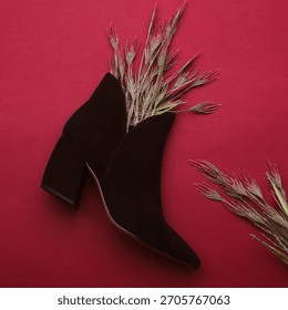 Creative studio shot featuring a pair of women's elegant black suede high-heeled ankle boots. Shoes are artfully filled and surrounded by dried, natural light beige wheat stalks 