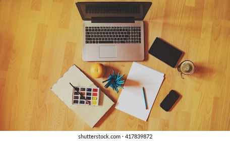 Creative studio tools on the floor