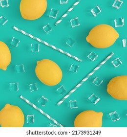 Creative Summer Background Composition With Lemon, Colorful Straw And Ice Cubes. Minimal Top Down Lemonade Drink Concept