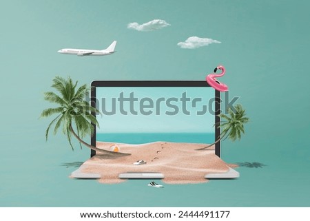 Creative Summer composition made of beach on laptop with Coconut trees and beach sand on blue background.Minimal summer concept.Contemporary style.Banner background with writing space and copy space.