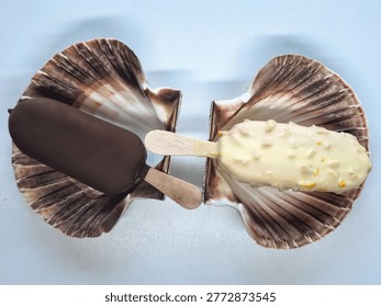 A creative summer composition: two types of ice cream (dipped in dark and white chocolate with nuts) served in natural scallop shells against a light background. The concept is a sophisticated summer dessert and a seaside getaway.