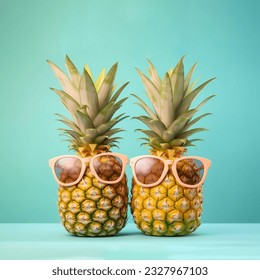 Creative summer layout made of two pineapples with pink sunglasses against bright blue background. Original pineapple decoration. Minimal summer concept.