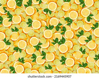 Creative summer pattern made of oranges and green leaves on pastel yellow background. Fruit minimal concept. Flat lay. - Powered by Shutterstock - Get 15% off with code: PIKWIZARD15
