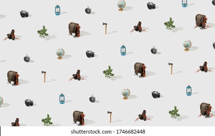 Creative sunlight pattern of camping accessories on abstract white background. Hiking minimal concept.
