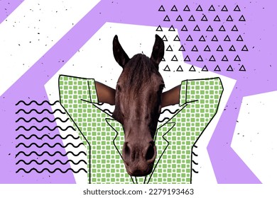 Creative surreal bright retro collage comics character business person and horse face hands over head relaxing
