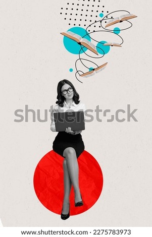 Creative surreal magazine template collage of successful lady worker use netbook read book professional work development concept