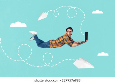 Creative surreal picture collage of dream fantastic manager guy flying up sky launch successful startup using netbook - Powered by Shutterstock