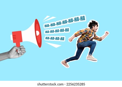 Creative surreal trend magazine collage of frustrated young guy loud speaking toa microphone teasing bully concept - Shutterstock ID 2256235285