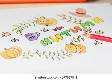 Creative table space or Fall background or Autumn season, Pumpkins