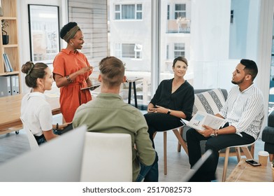 Creative, team and businesswoman with tablet in presentation for design strategy or online campaign management. Graphic designer, collaboration or diversity in modern office for project brainstorming - Powered by Shutterstock