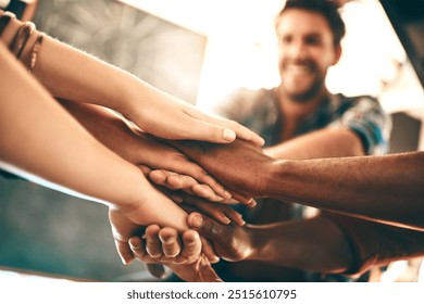 Creative, team and hands stack in office for business, creativity and collaboration. Employees, synergy and gesture in workplace for community, support and huddle for cooperation with trust in agency
