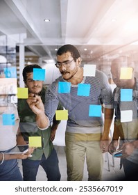 Creative, team and sticky notes on glass for reminder, timeline and design process in office workshop. People, brainstorming and group training in boardroom with ideas, collaboration and moodboard
