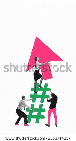 Creative teamwork composition with people climbing hashtags and woman carrying pointer icon. Concept of growth, visibility, collective success and trend navigation in digital content marketing.