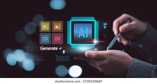 A creative technologist generates multimedia content using artificial intelligence software, highlighting AI powered creativity, automated content creation, machine learning tools, next generation