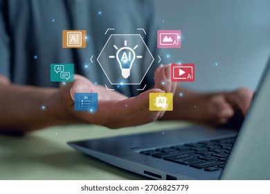 creative technology concept image showing hand presenting multiple AI icons, symbolizing artificial intelligence innovation, digital tools,content creation, automation, modern computational solutions.