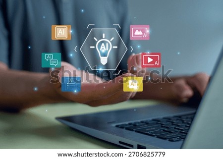 creative technology concept image showing hand presenting multiple AI icons, symbolizing artificial intelligence innovation, digital tools,content creation, automation, modern computational solutions.