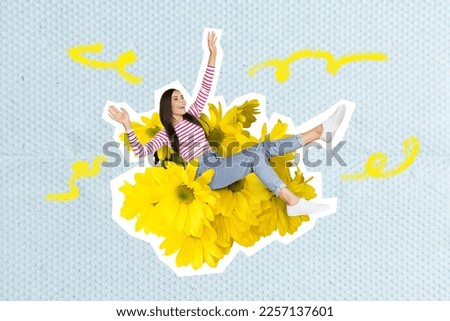Creative template collage of excited lady enjoying sitting soft weird strange armchair with yellow daisy