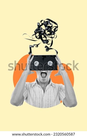 Creative template collage of furious man headless with tangled tape record suffer psychological problem stress solving difficulty