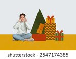 Creative template collage of guy sitting near gift presents listen headset 2024 countdown