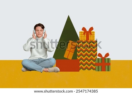 Creative template collage of guy sitting near gift presents listen headset 2024 countdown