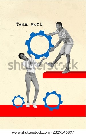 Creative template collage image of smiling coworkers creating working engine together isolated beige color background
