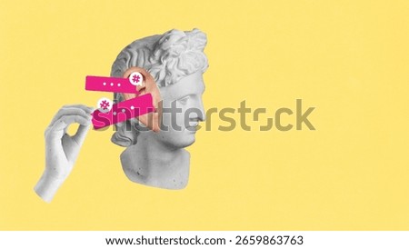 Creative template collage of statue head with pink speech bubbles entering ear on yellow background. Concept of digital listening, immersive feeds, information flow, and attention framing.