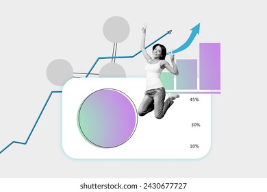 Creative template collage of successful woman control crm system google spreadsheet stats income growth every month over gray background