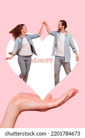 Creative Template Collage Of Two People Fall In Love Hand Show Heart Picture Isolated On Pink Color Background